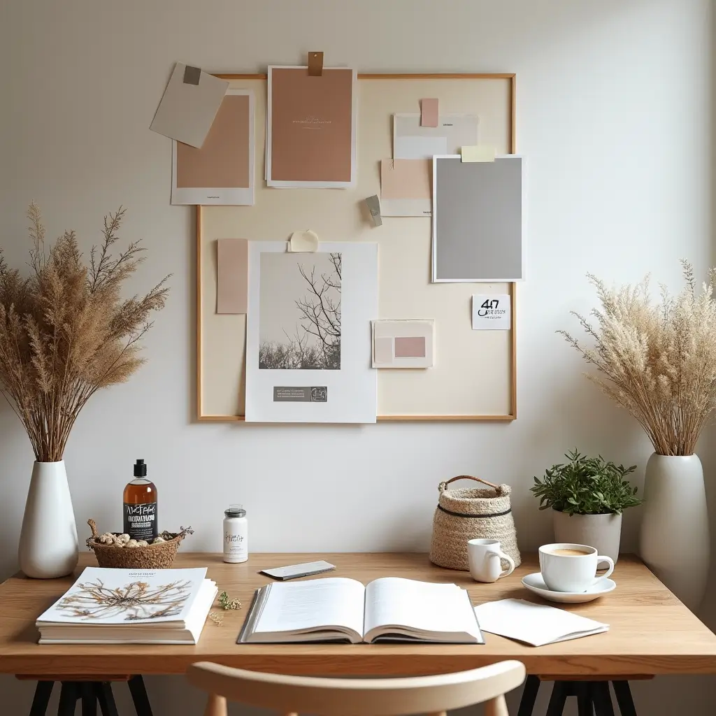 Earthy boho workspace with fabric swatches, notebooks, and design inspiration — a behind-the-scenes look at Bohro’s creative process.